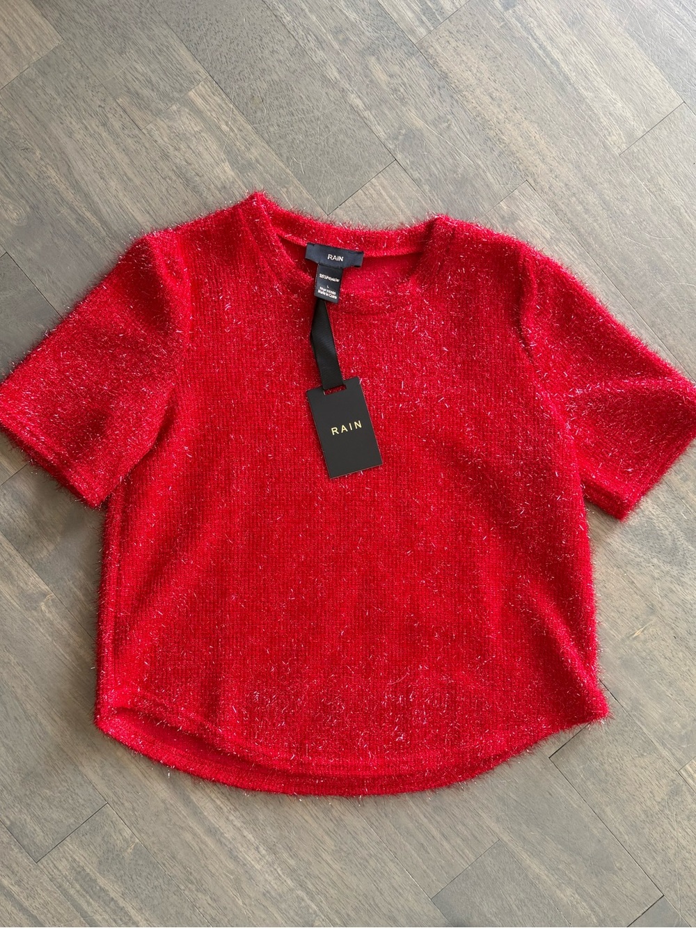 RAIN Red Short-Sleeve Sparkle Knit Top